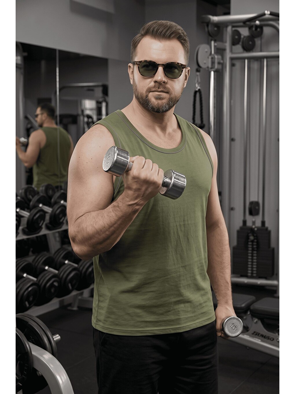 Haki Büyük Beden Biye Detaylı Bisiklet Yaka Erkek Atlet - Fitness Ve Günlük Stil-2