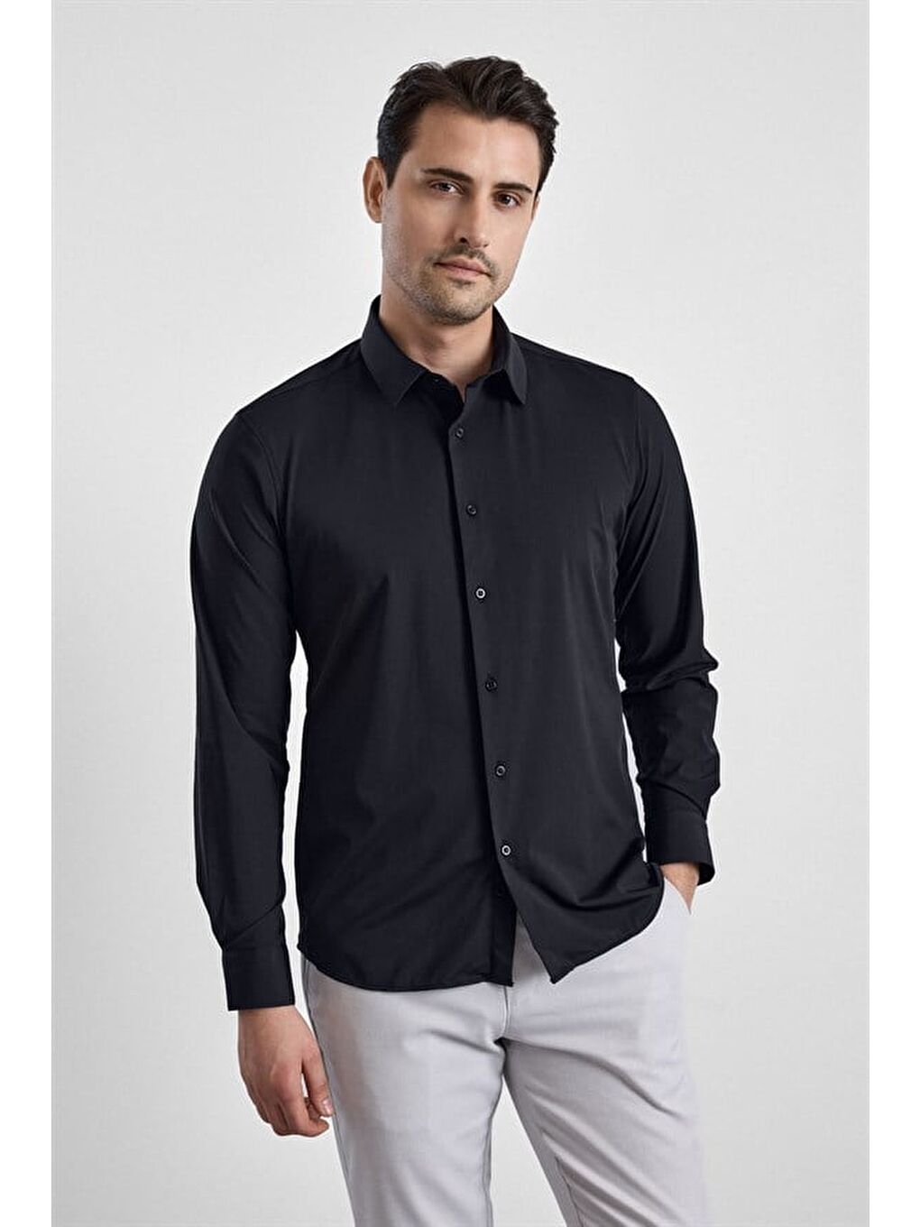 Siyah Slim Klasik Yaka Düz Casual Gömlek-1