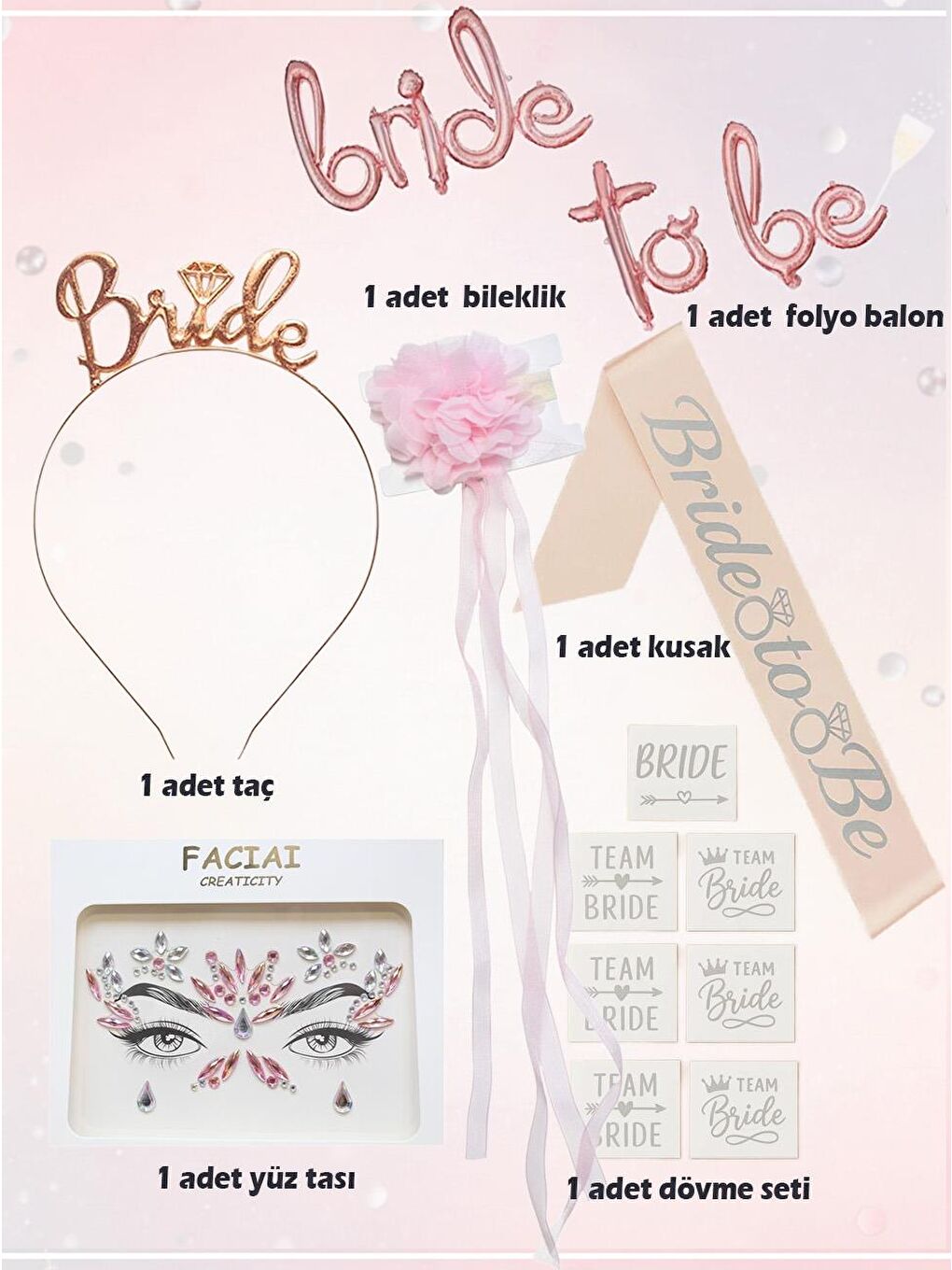 Gri Bride To Be Rose Gümüş Bekarlığa Veda Partisi Seti-1