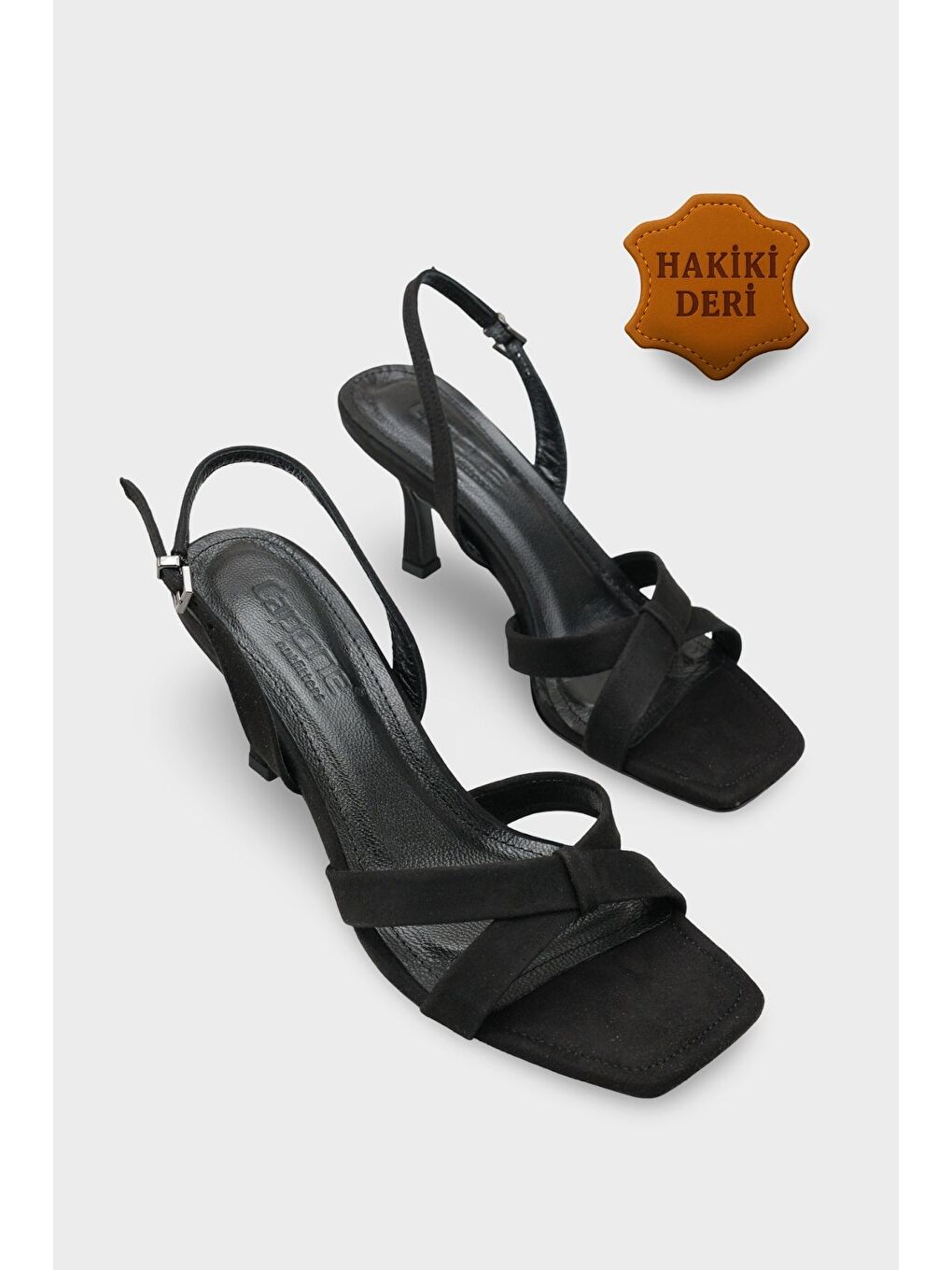 Siyah Roxana Hakiki Deri Astarlı Küt Burunlu Çapraz Bantlı Orta Topuklu Kadın Ayakkabı-1