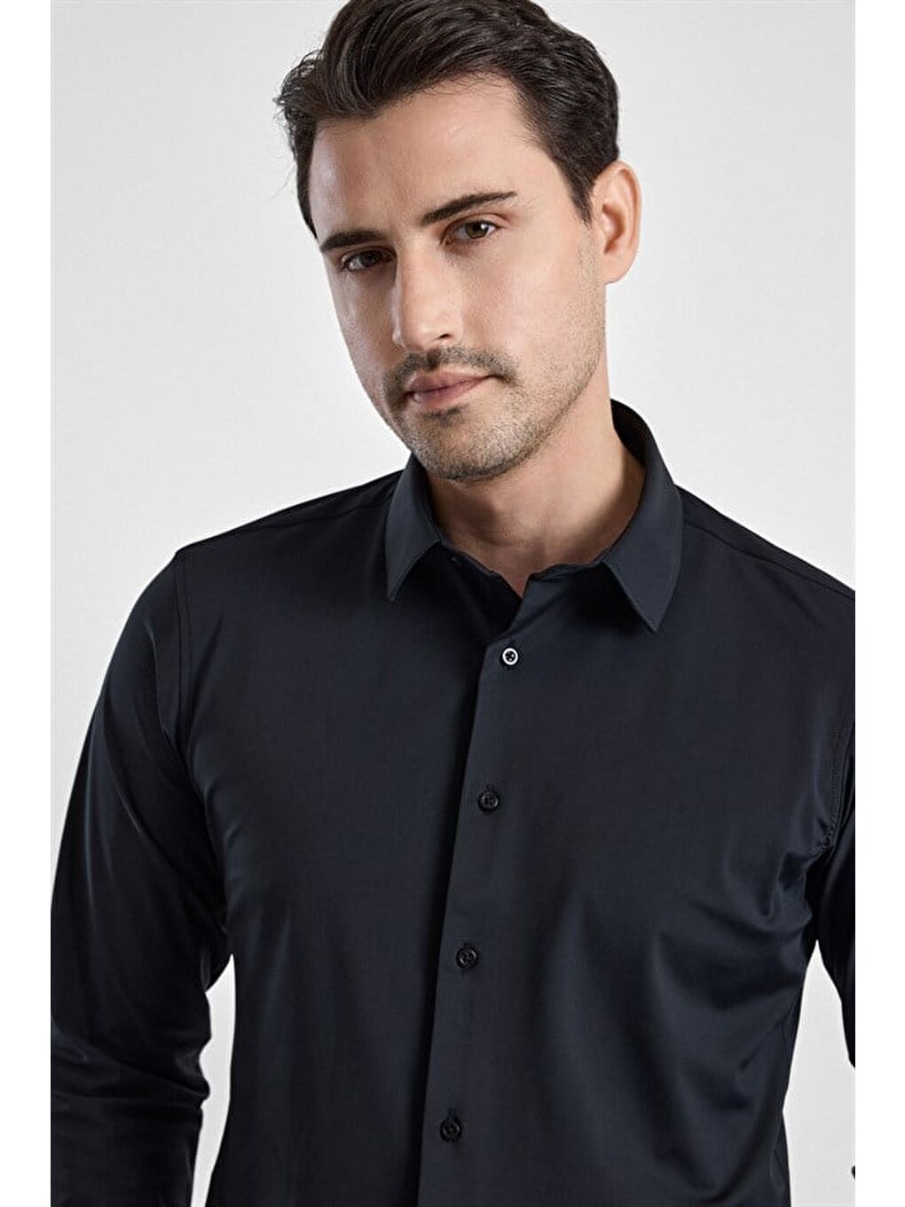 Siyah Slim Klasik Yaka Düz Casual Gömlek-2