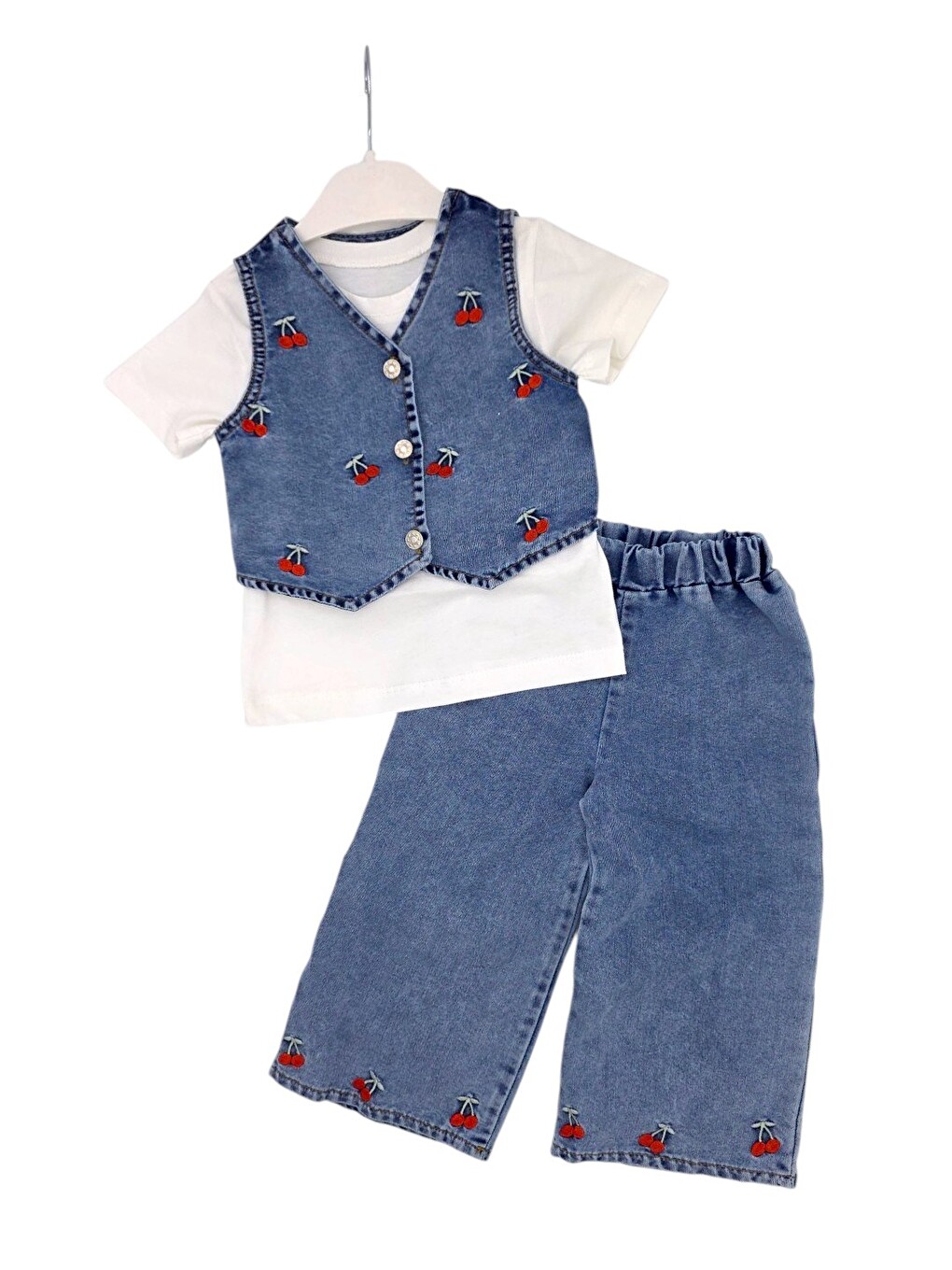 Mavi Kız Çocuk Kirazlı Yazlık Jean Takım, Pantolonlu Yelekli T-shirtlü, 2-3-4-5 Yaş Bayramlık Jean Takım