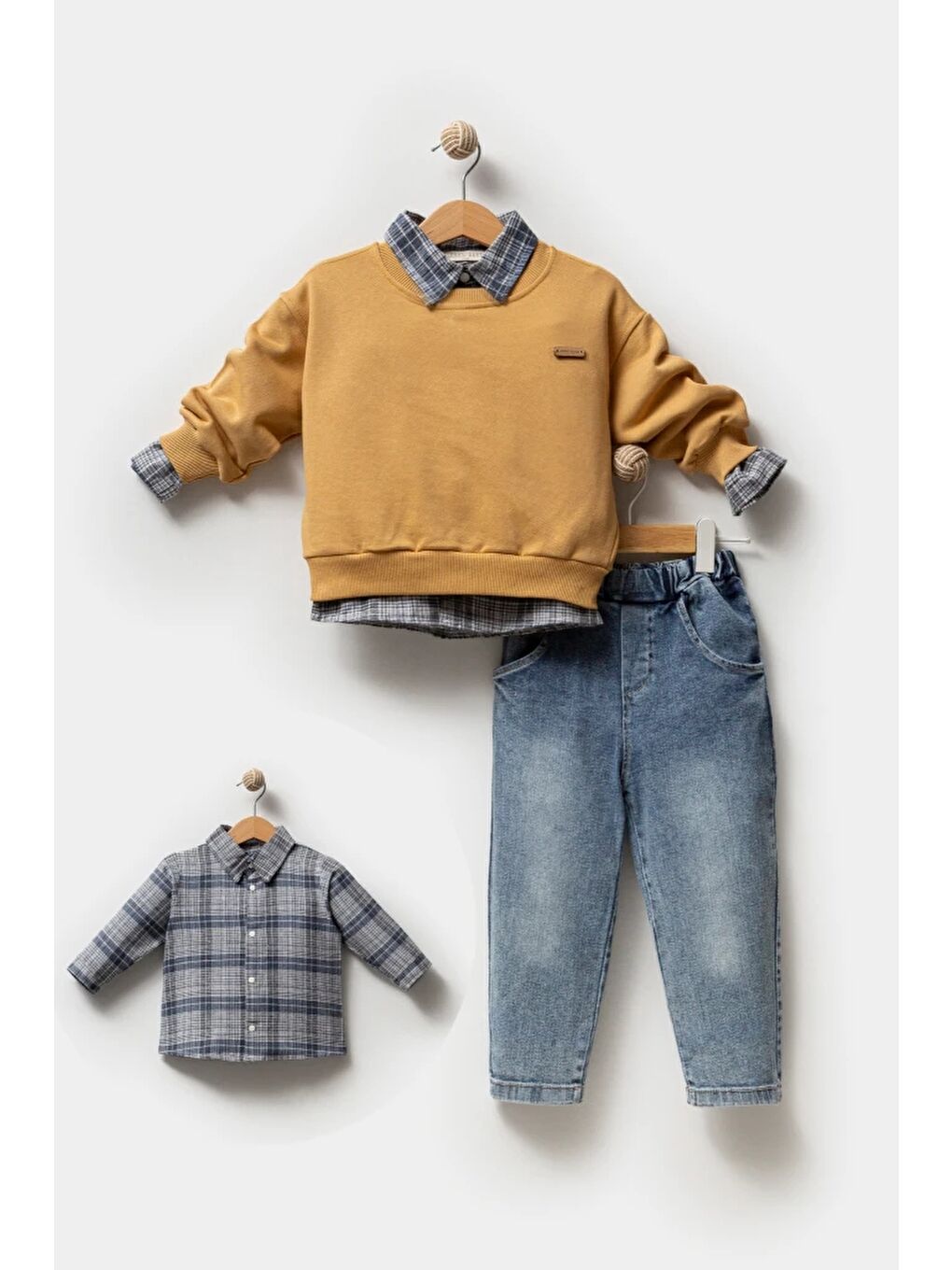 Turuncu Erkek Bebek Gömlek Sweatshirt ve Jean Pantolon 3'lü Takım 9064