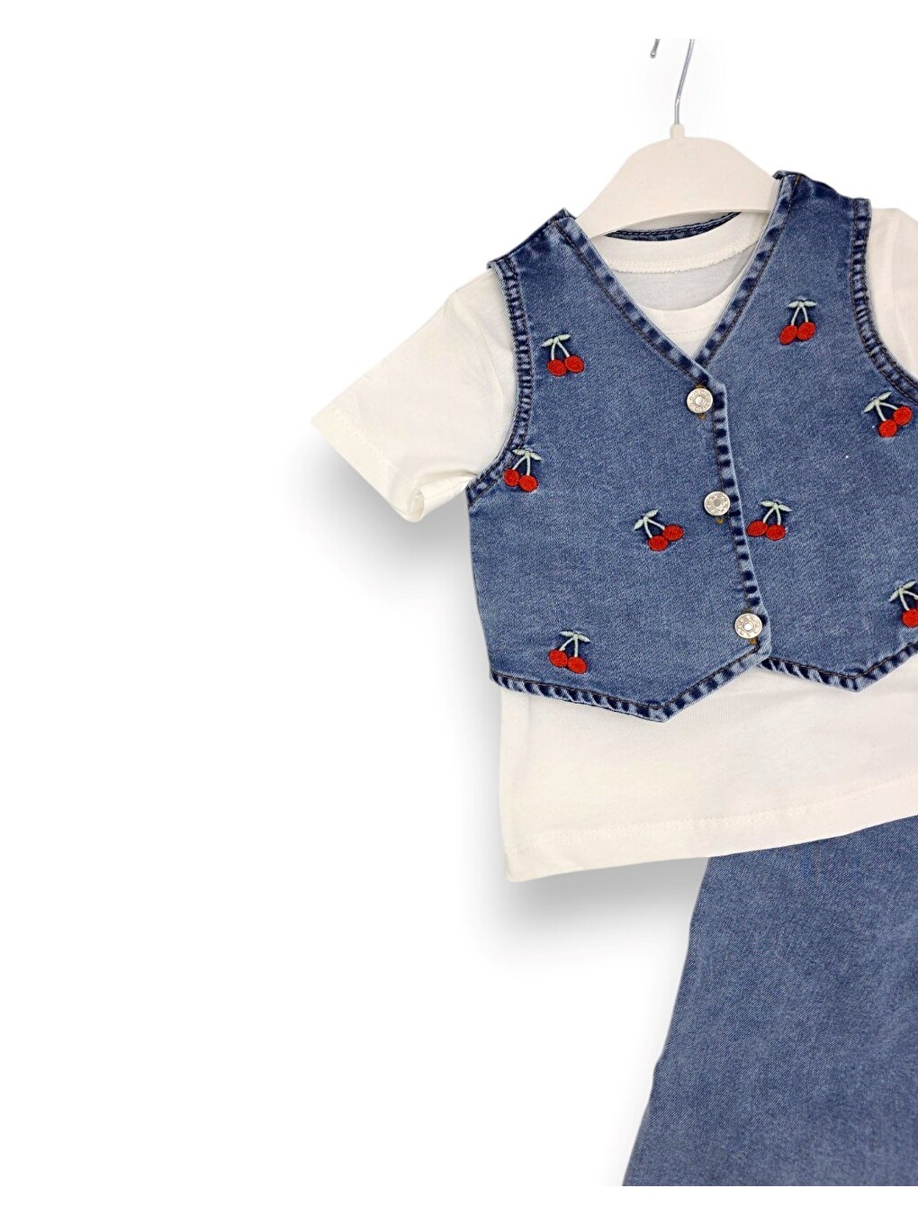 Mavi Kız Çocuk Kirazlı Yazlık Jean Takım, Pantolonlu Yelekli T-shirtlü, 2-3-4-5 Yaş Bayramlık Jean Takım-1