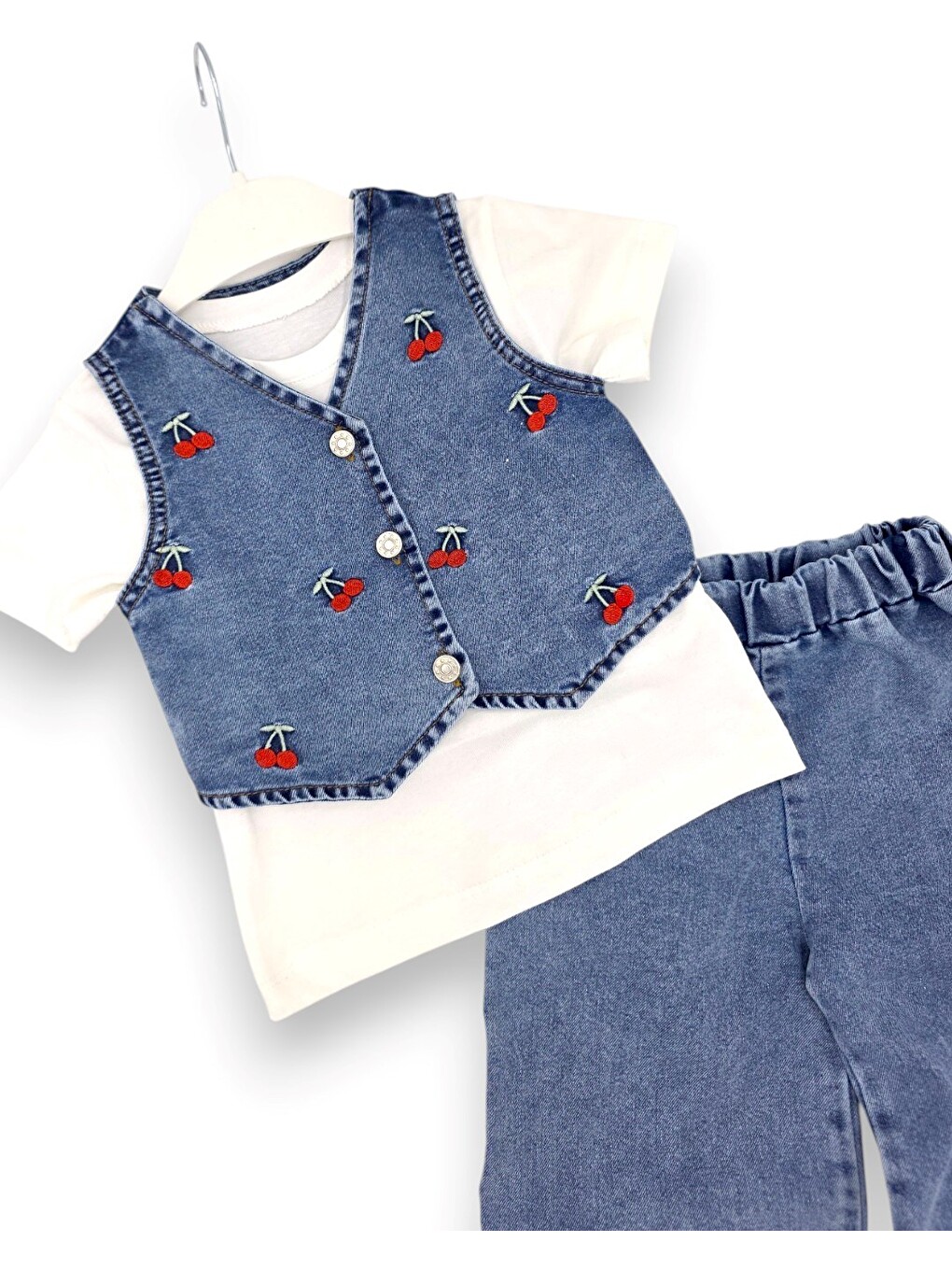 Mavi Kız Çocuk Kirazlı Yazlık Jean Takım, Pantolonlu Yelekli T-shirtlü, 2-3-4-5 Yaş Bayramlık Jean Takım-2