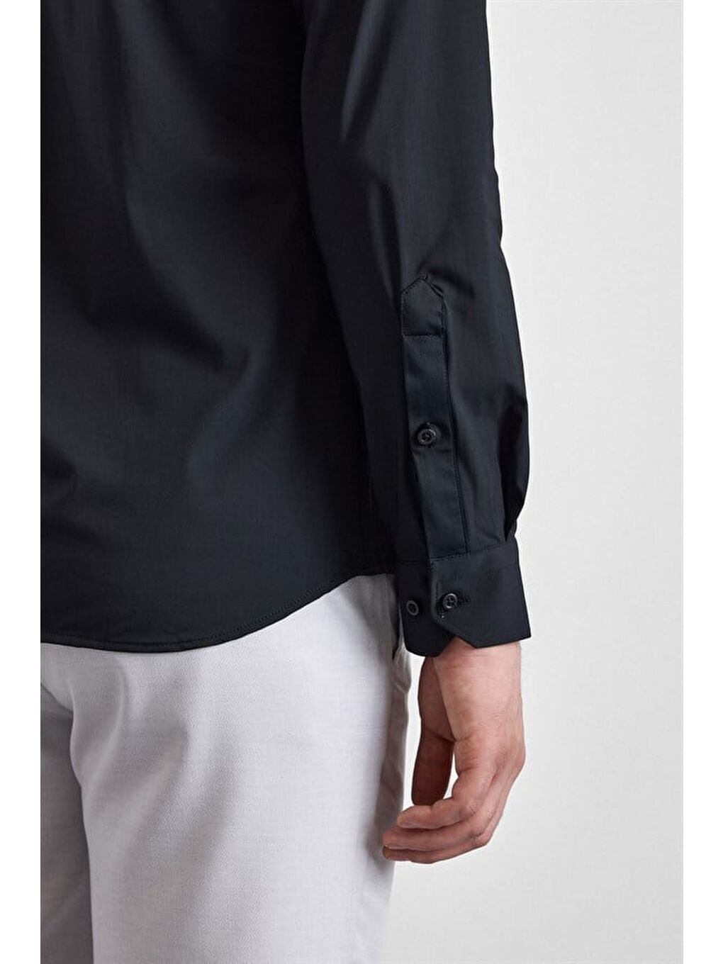 Siyah Slim Klasik Yaka Düz Casual Gömlek-3