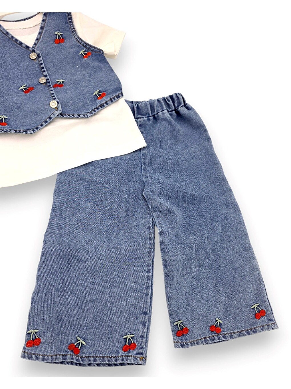 Mavi Kız Çocuk Kirazlı Yazlık Jean Takım, Pantolonlu Yelekli T-shirtlü, 2-3-4-5 Yaş Bayramlık Jean Takım-3