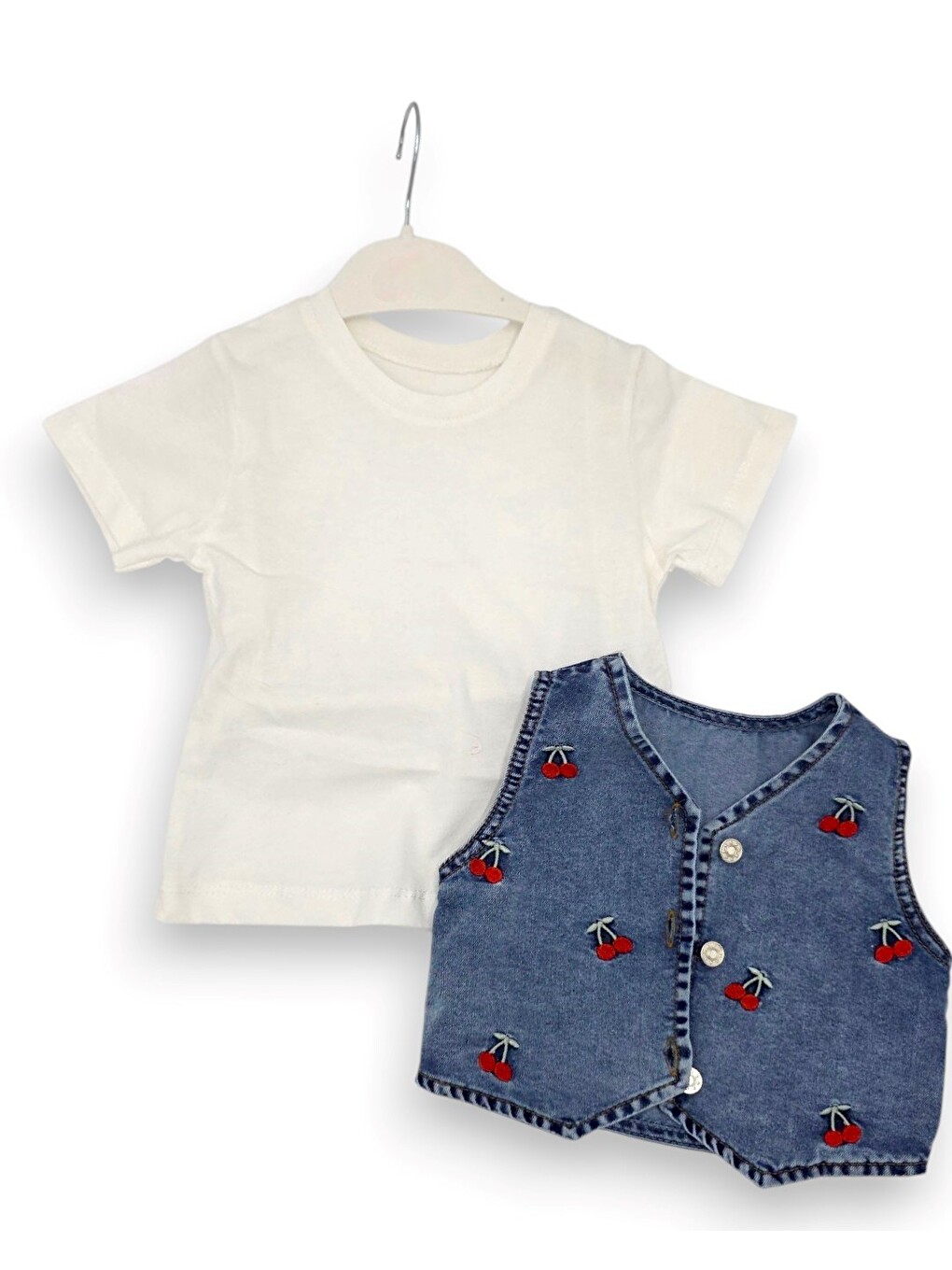 Mavi Kız Çocuk Kirazlı Yazlık Jean Takım, Pantolonlu Yelekli T-shirtlü, 2-3-4-5 Yaş Bayramlık Jean Takım-4