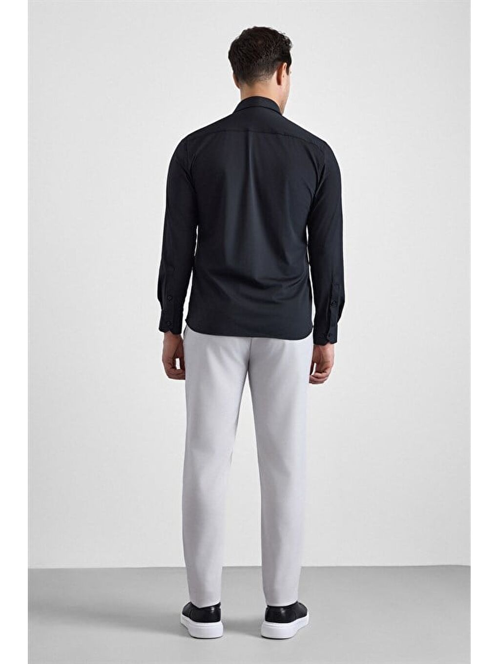 Siyah Slim Klasik Yaka Düz Casual Gömlek-4