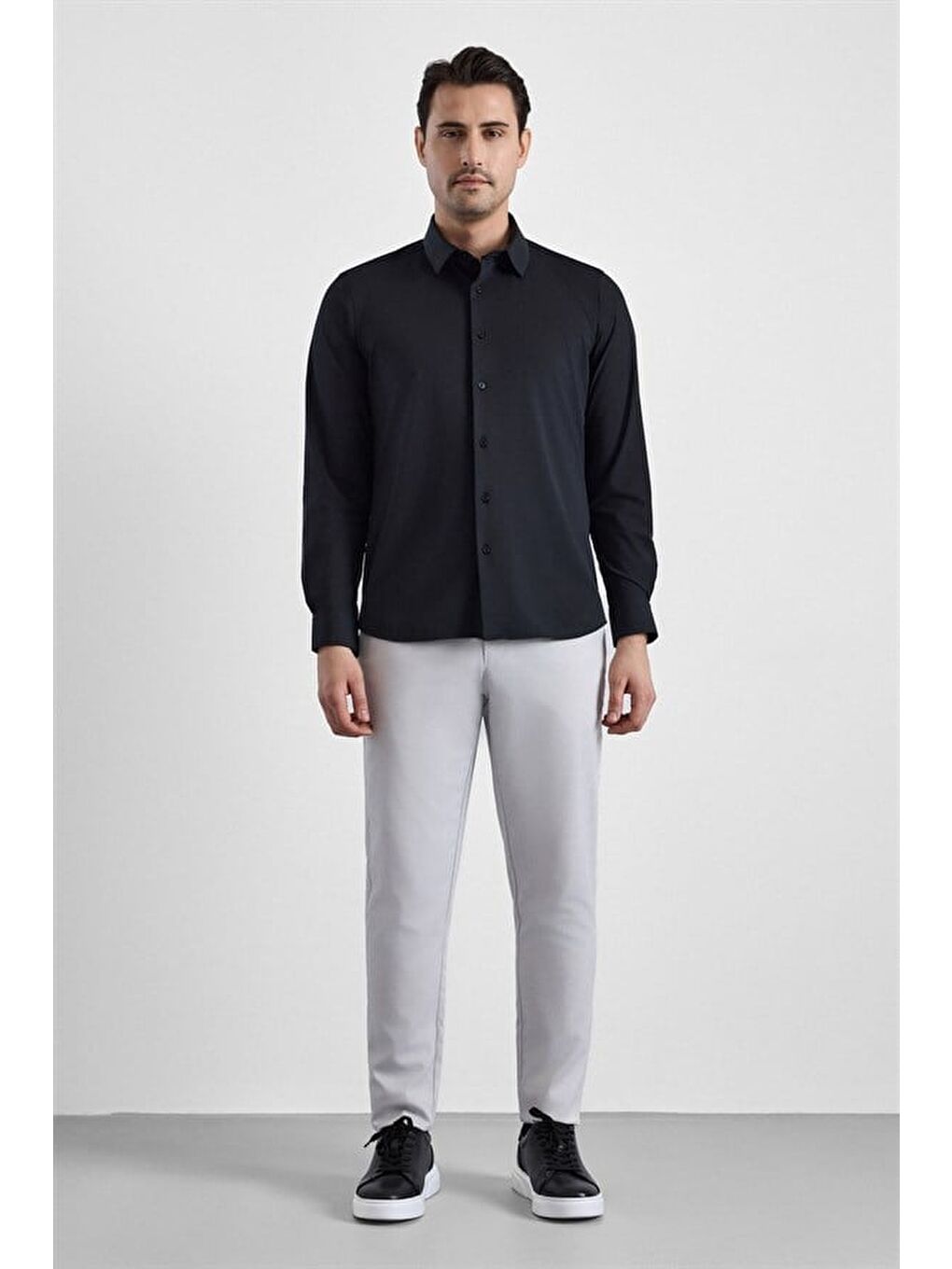 Siyah Slim Klasik Yaka Düz Casual Gömlek-5