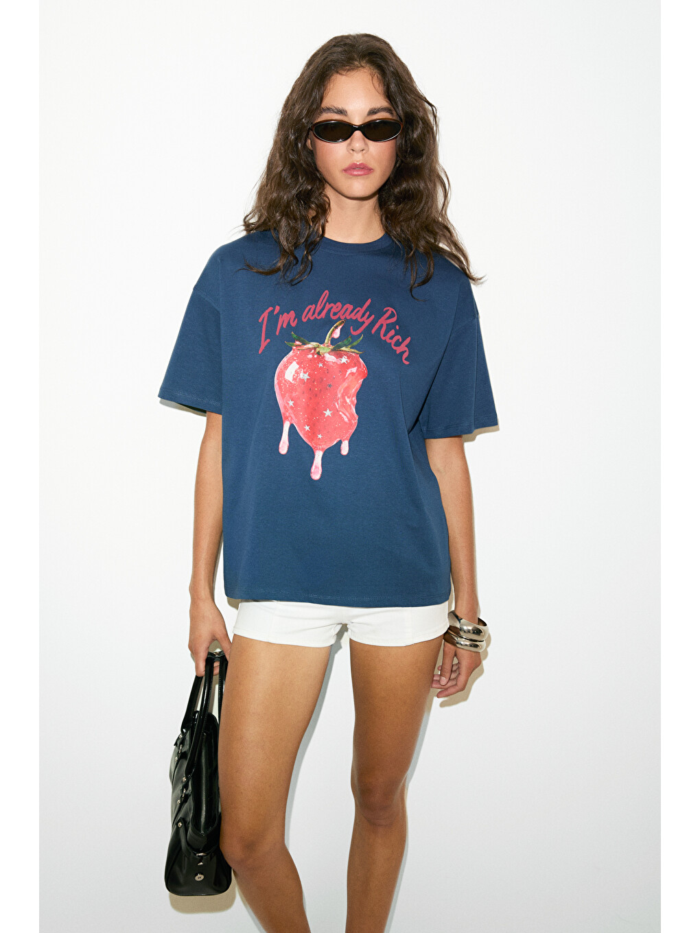 Preka Kadın %100 Pamuk Yumuşak Kumaşlı Baskı Detaylı Lacivert T-shirt-1