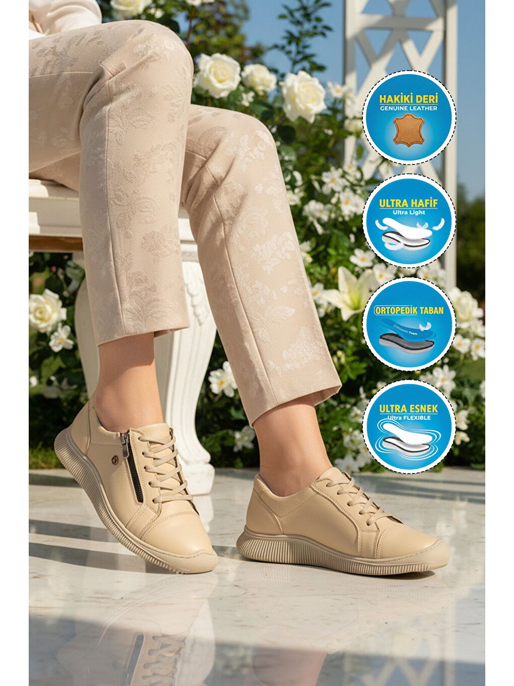 Bej Hakiki Deri Ortopedik Kadın Casual Ayakkabı 5635 Z-2