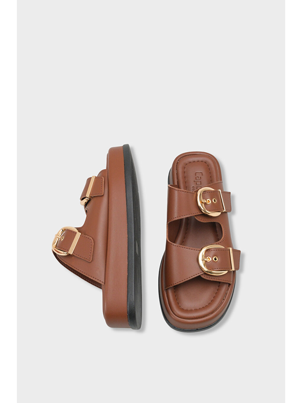 Kahverengi Vivien Dolgu Topuklu Çift Bantlı Tokalı Kadın Terlik-4