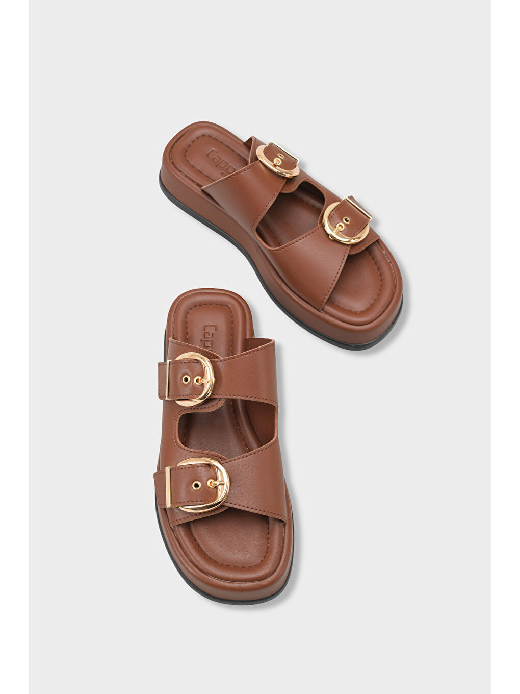 Kahverengi Vivien Dolgu Topuklu Çift Bantlı Tokalı Kadın Terlik-5