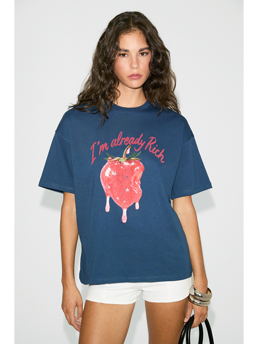 Preka Kadın %100 Pamuk Yumuşak Kumaşlı Baskı Detaylı Lacivert T-shirt-2