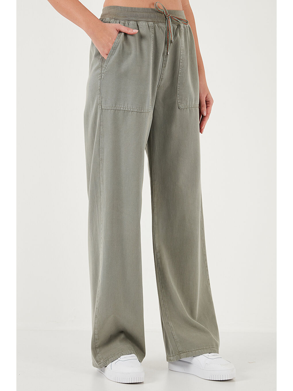 Haki Relaxed Fit Yüksek Bel Bol Paça Kadın Pantolon 668Yp5040-2