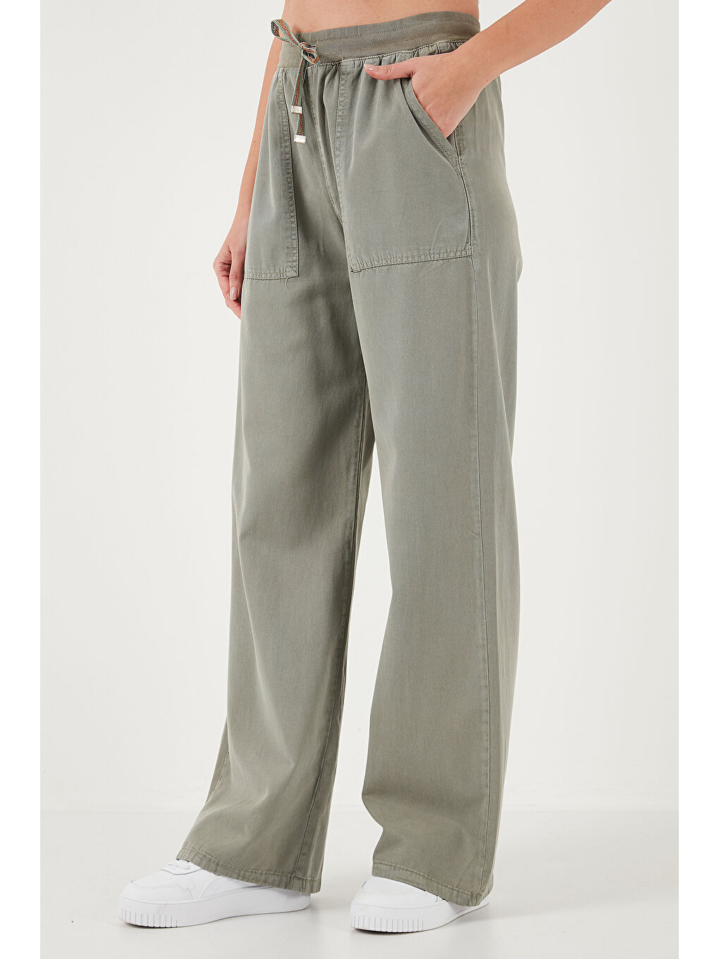 Haki Relaxed Fit Yüksek Bel Bol Paça Kadın Pantolon 668Yp5040-4