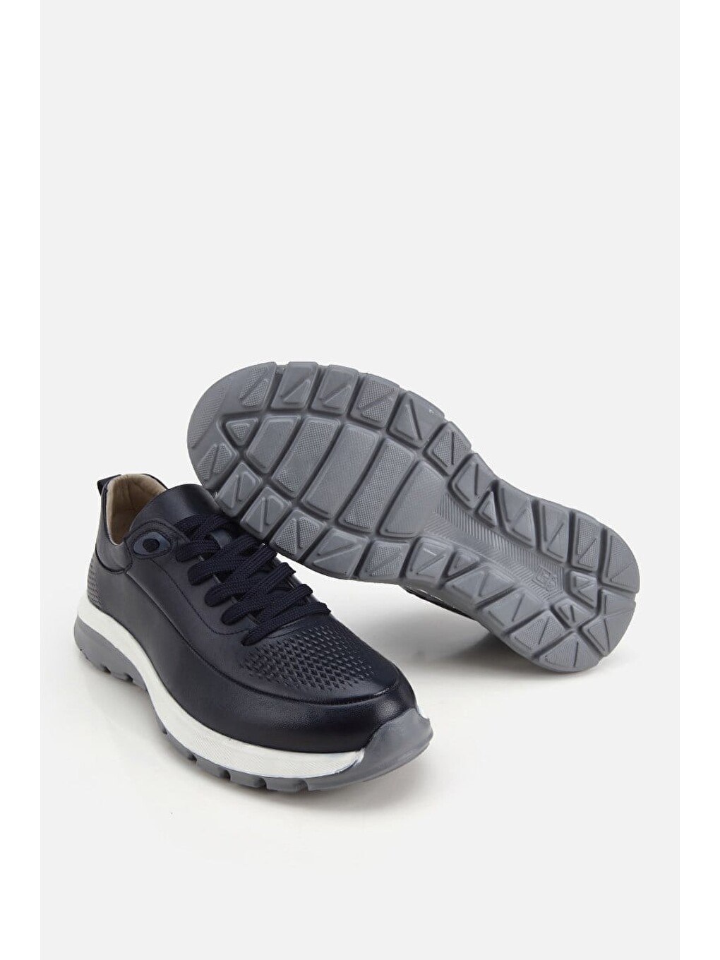 Erkek Lacivert Deri Kontrast Tabanlı Bağcıklı Sneaker-5