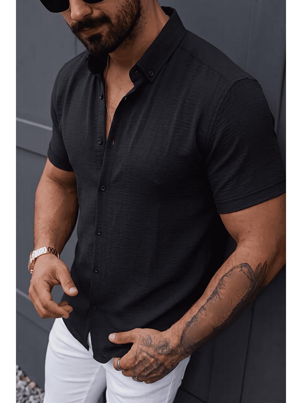 Siyah Tizza Erkek Slim Fit Kendinden Dokulu Kısa Kollu Yazlık Gömlek-1