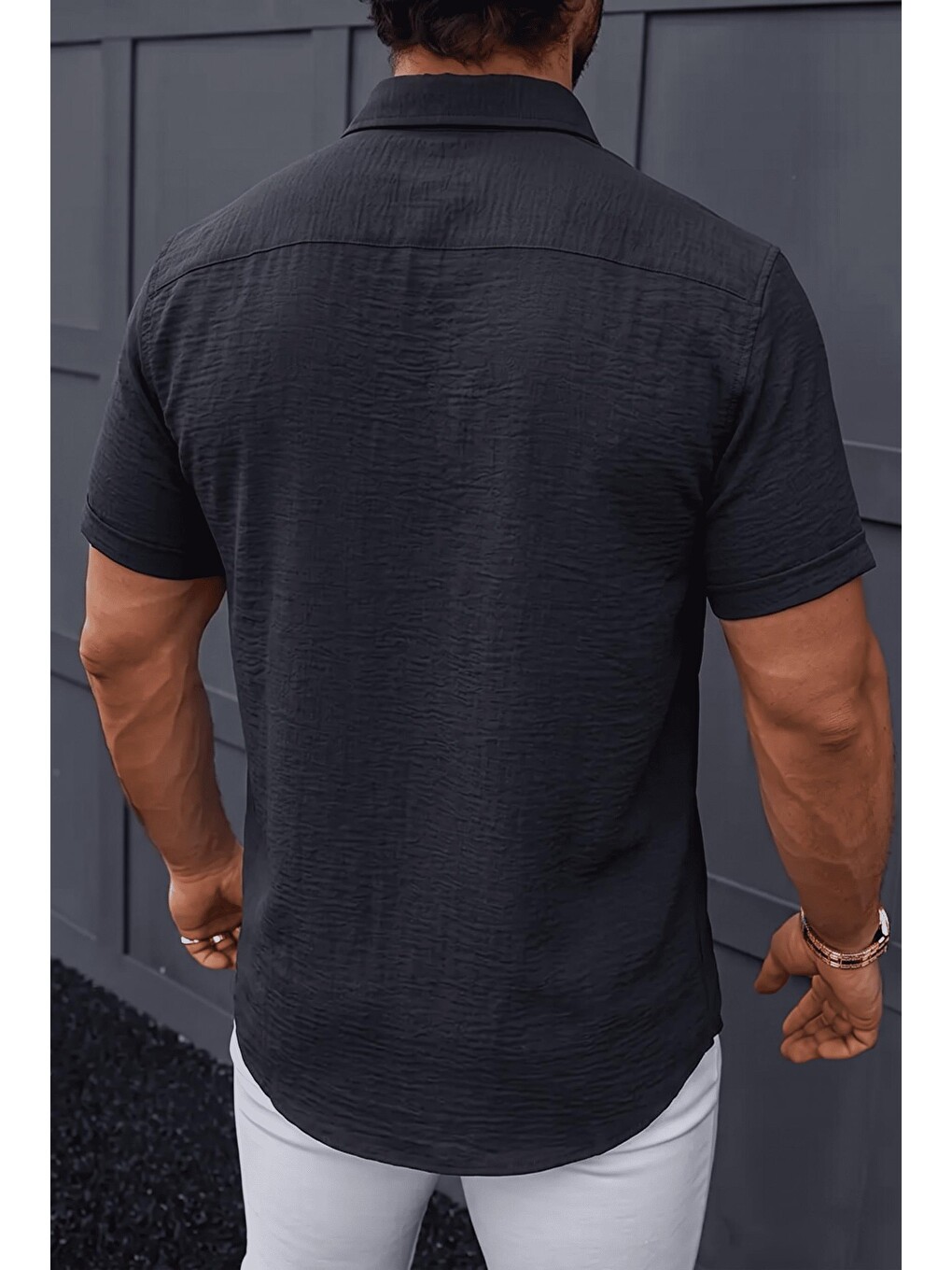 Siyah Tizza Erkek Slim Fit Kendinden Dokulu Kısa Kollu Yazlık Gömlek-2