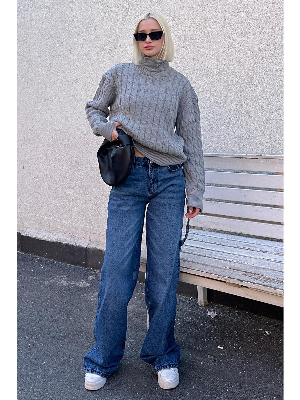 Gri Balıkçı Yaka Dokulu Kadın Kazak Mg2197