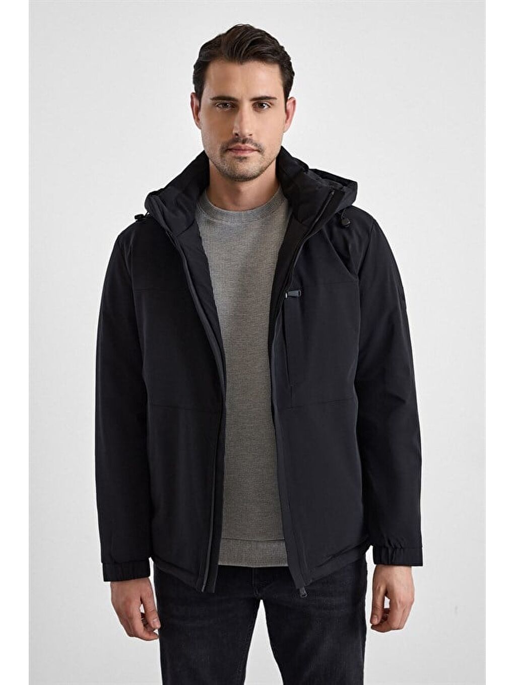 Siyah Slim Klasik Yaka Düz Yan Cepli Fermuar Kapitone Rüzgar Geçirmez Mont