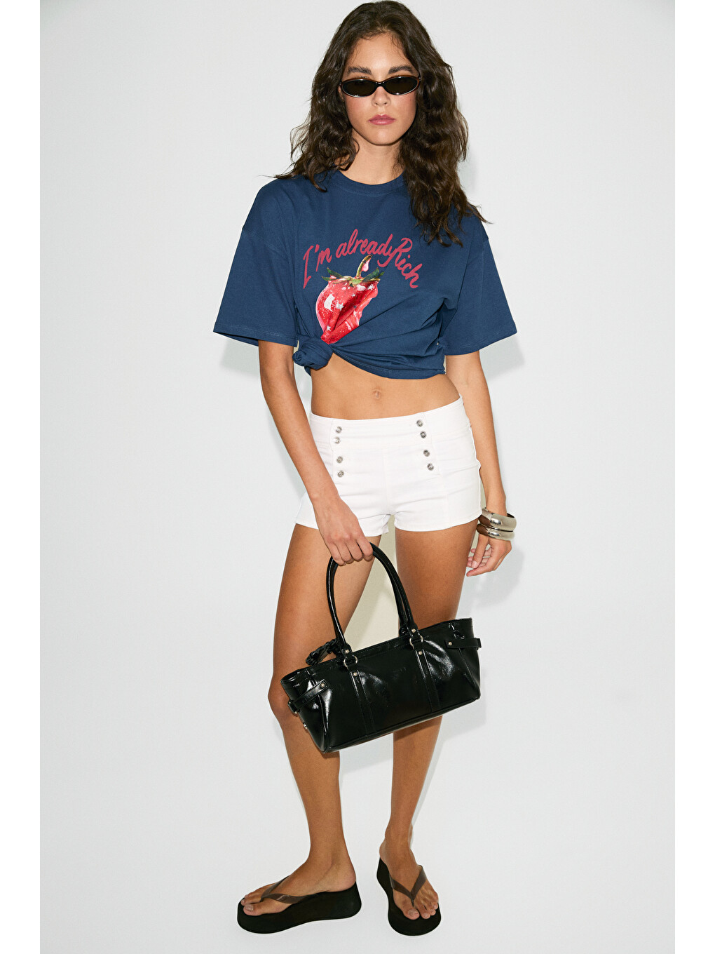 Preka Kadın %100 Pamuk Yumuşak Kumaşlı Baskı Detaylı Lacivert T-shirt-4