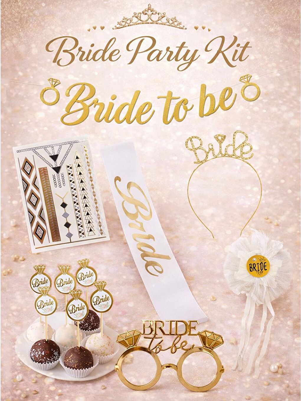 Sarı Bride To Be Parti Seti Bekarlığa Veda Partisi Set Pembe Altın Detaylı