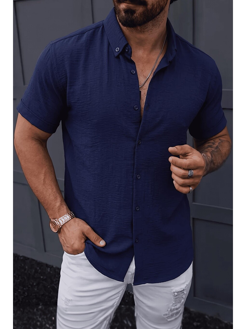 Lacivert Tizza Erkek Slim Fit Kendinden Dokulu Kısa Kollu Yazlık Gömlek