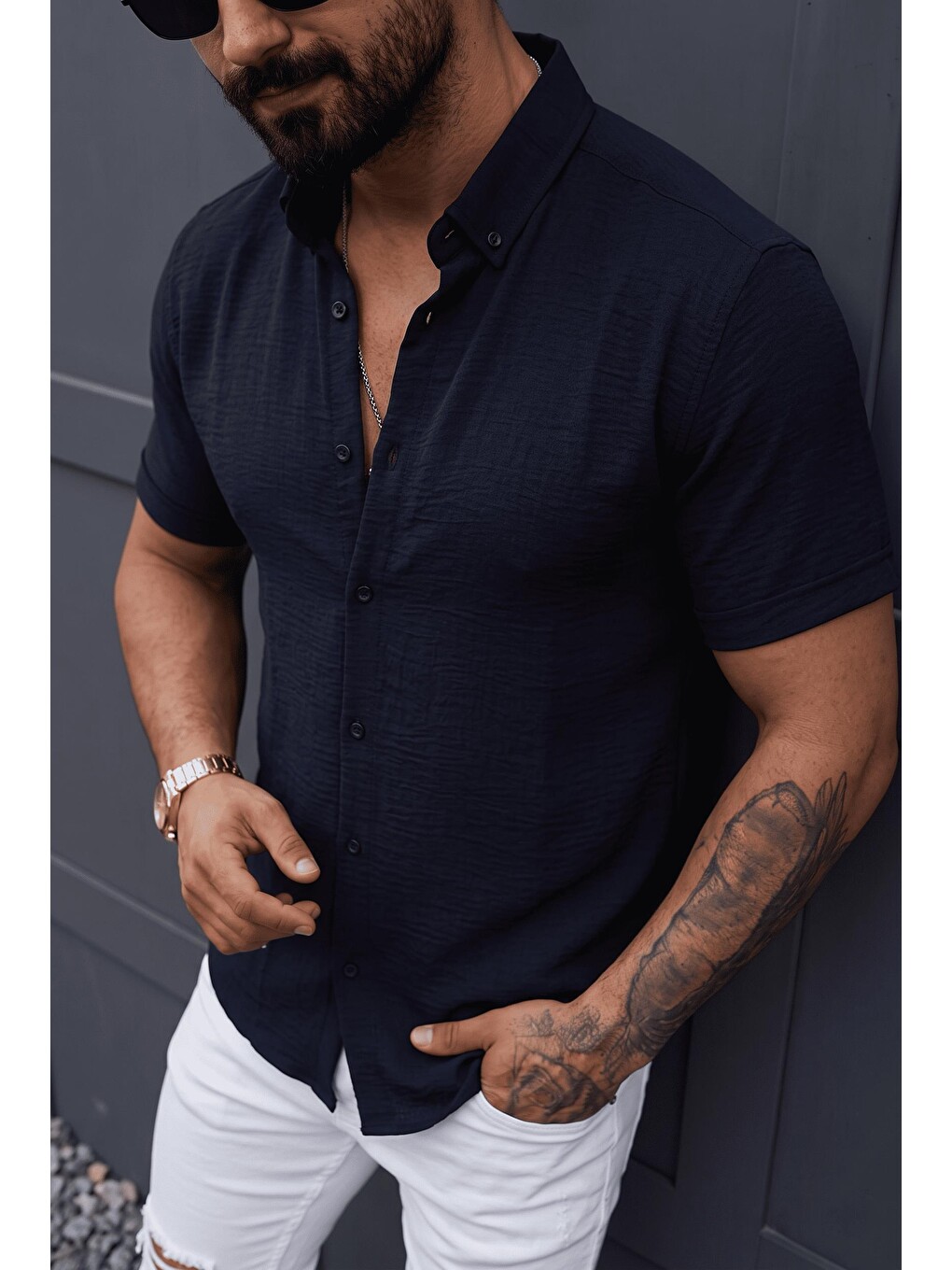 Lacivert Tizza Erkek Slim Fit Kendinden Dokulu Kısa Kollu Yazlık Gömlek-1
