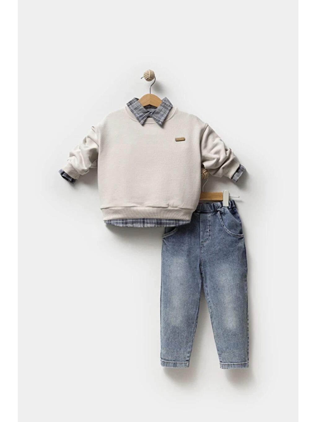 Gri Erkek Bebek Gömlek Sweatshirt ve Jean Pantolon 3'lü Takım 9064-1