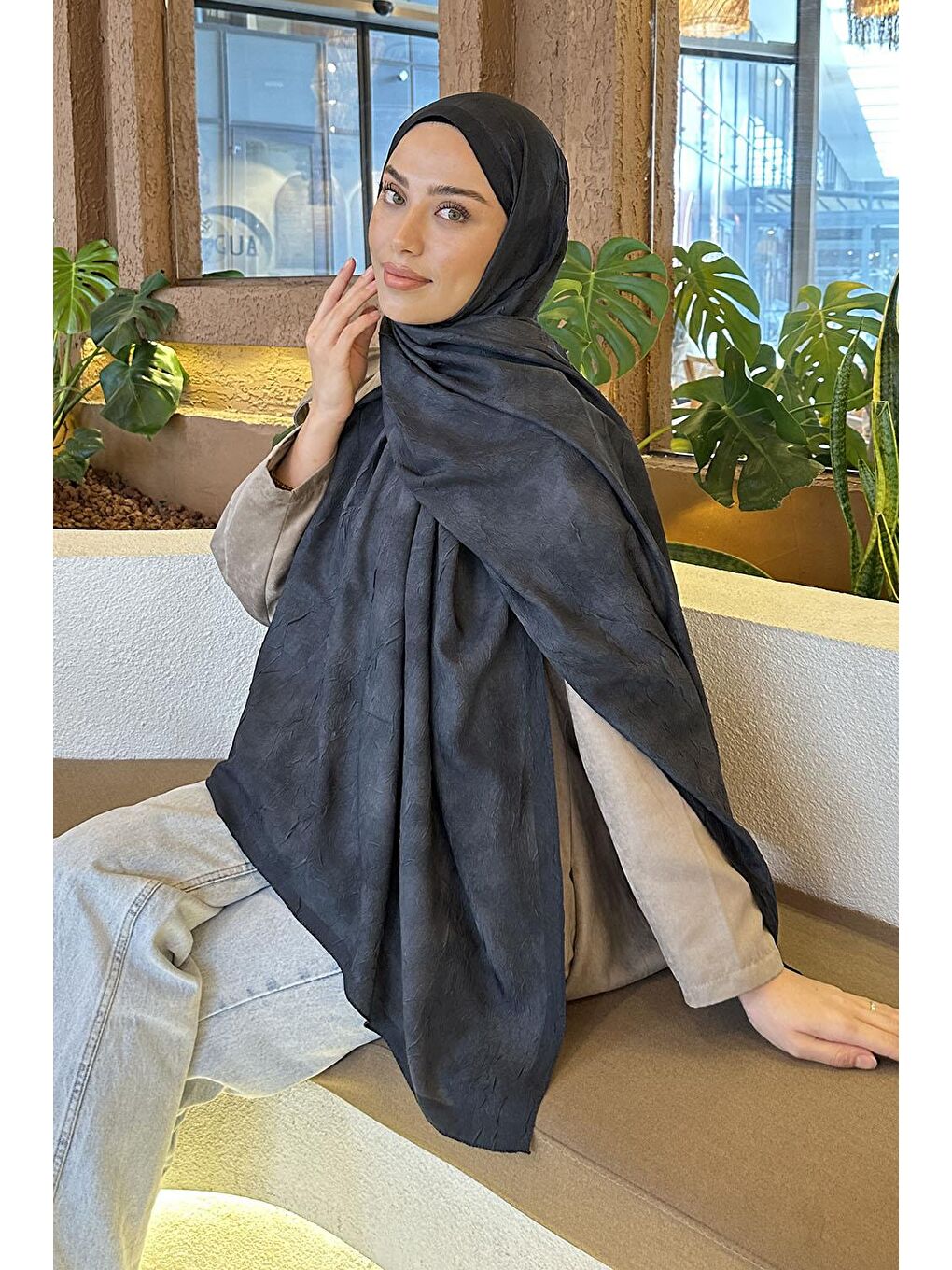 Bulut Desen Bambu Şal Siyah-1