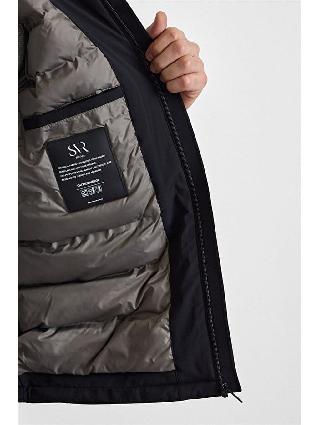 Siyah Slim Klasik Yaka Düz Yan Cepli Fermuar Kapitone Rüzgar Geçirmez Mont-3