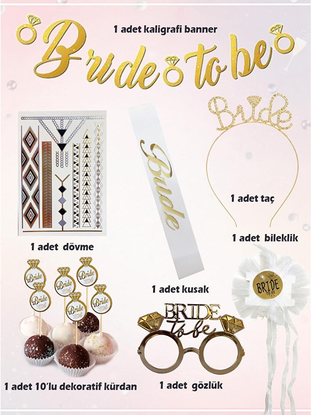 Sarı Bride To Be Parti Seti Bekarlığa Veda Partisi Set Pembe Altın Detaylı-1