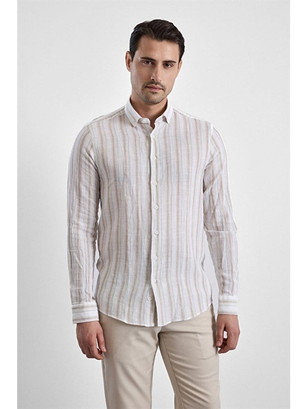Bej Slim Düğmeli Yaka Casual Gömlek