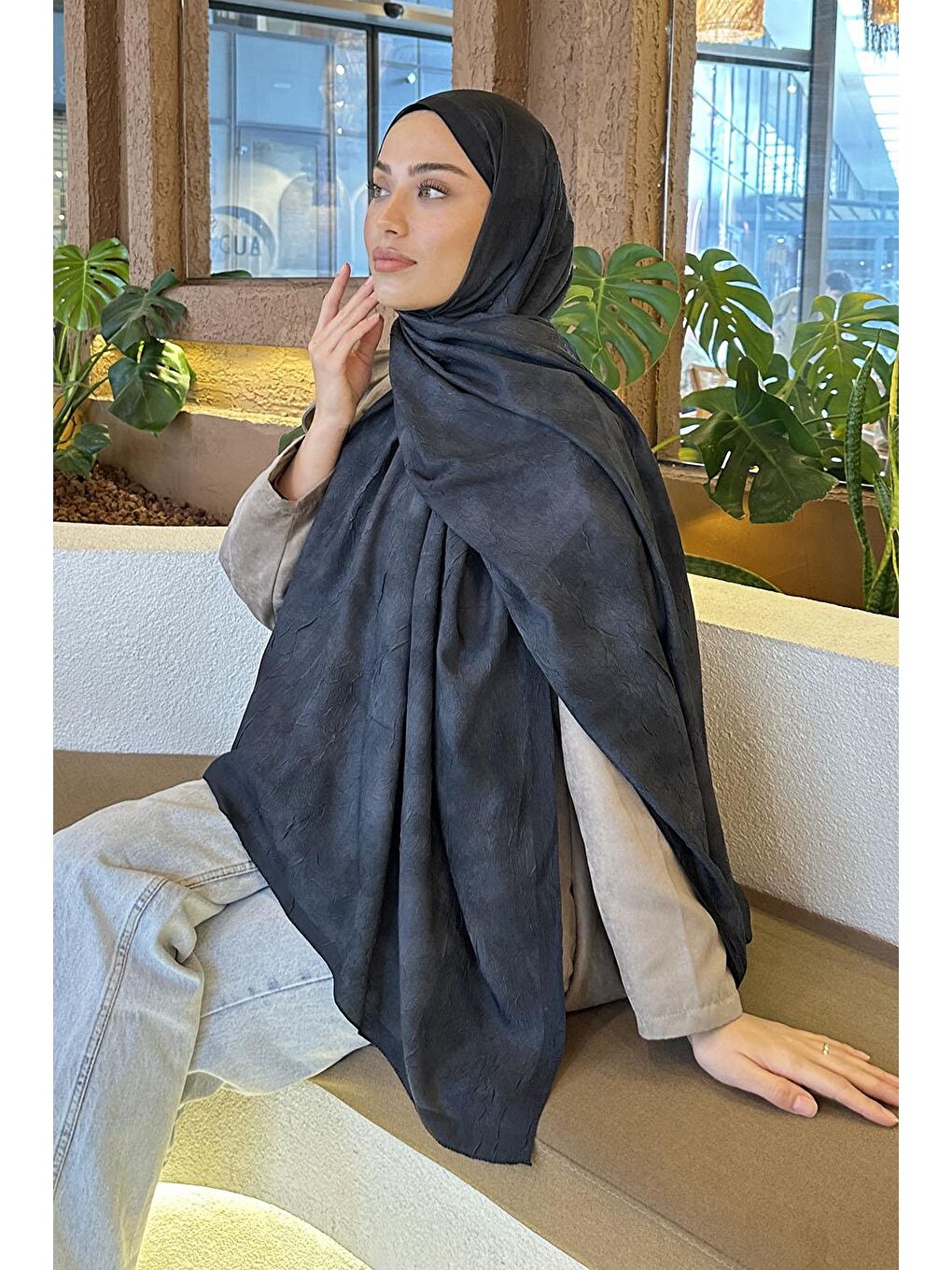 Bulut Desen Bambu Şal Siyah-2