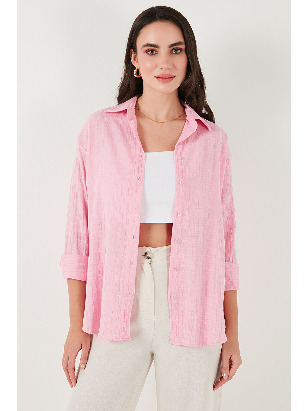 Pembe Regular Fit Uzun Kollu Dokulu Kadın Gömlek 6772799-4