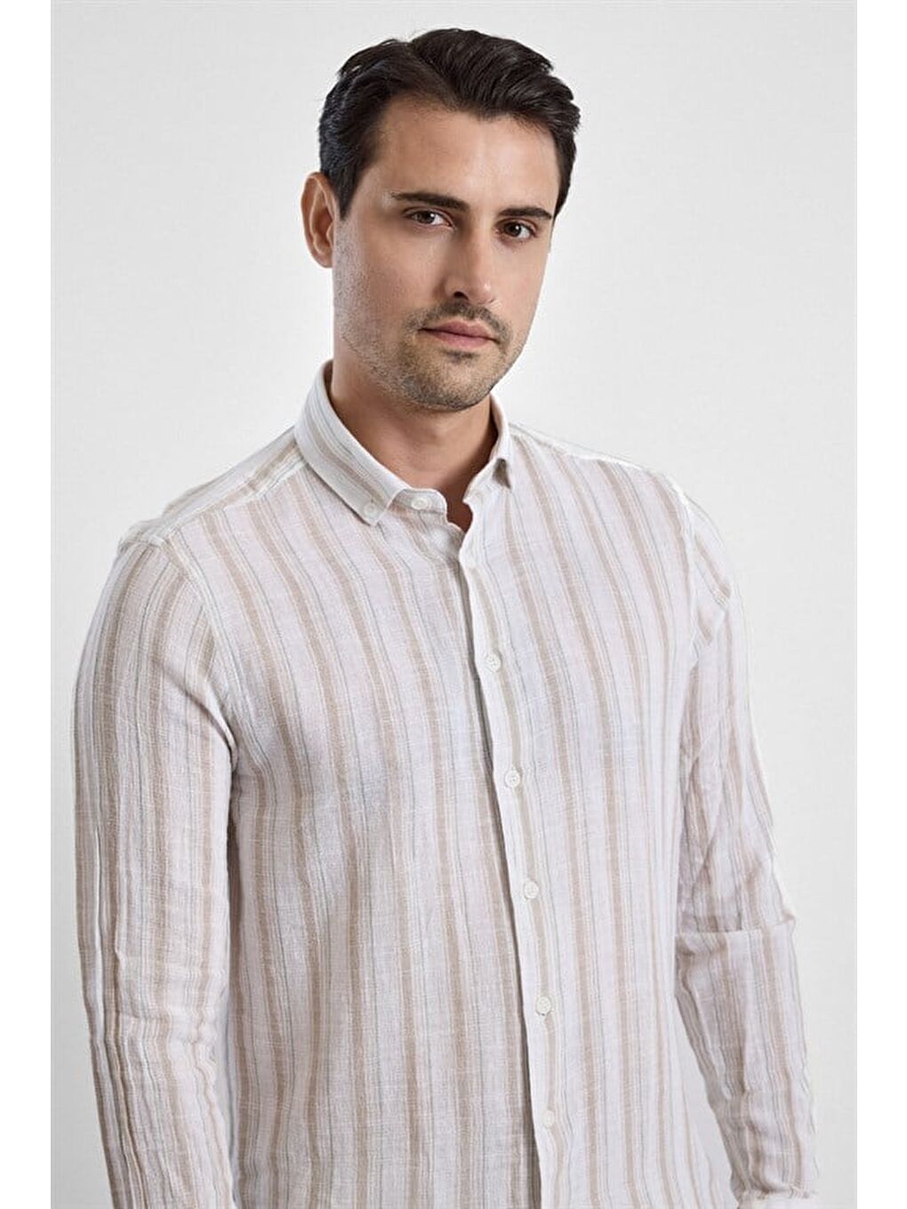 Bej Slim Düğmeli Yaka Casual Gömlek-1