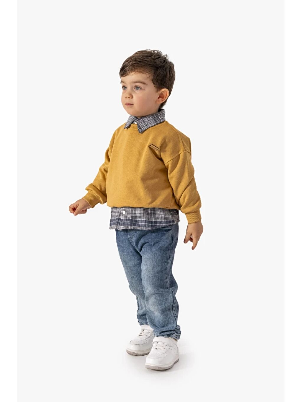 Turuncu Erkek Bebek Gömlek Sweatshirt ve Jean Pantolon 3'lü Takım 9064-5