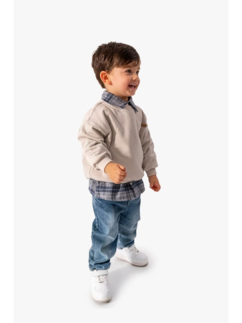 Gri Erkek Bebek Gömlek Sweatshirt ve Jean Pantolon 3'lü Takım 9064-3