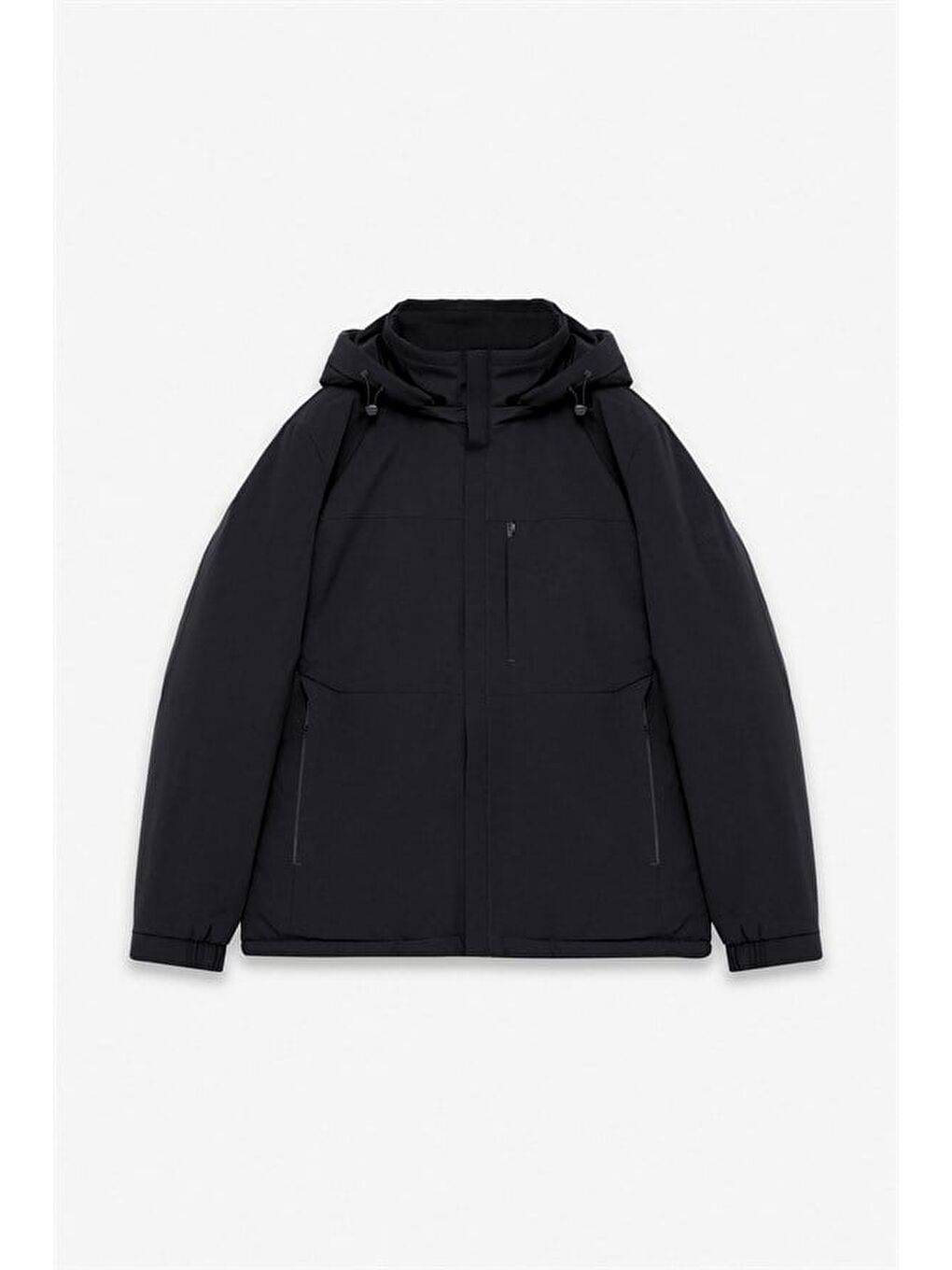 Siyah Slim Klasik Yaka Düz Yan Cepli Fermuar Kapitone Rüzgar Geçirmez Mont-6