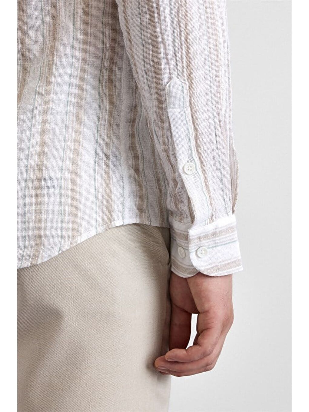 Bej Slim Düğmeli Yaka Casual Gömlek-2