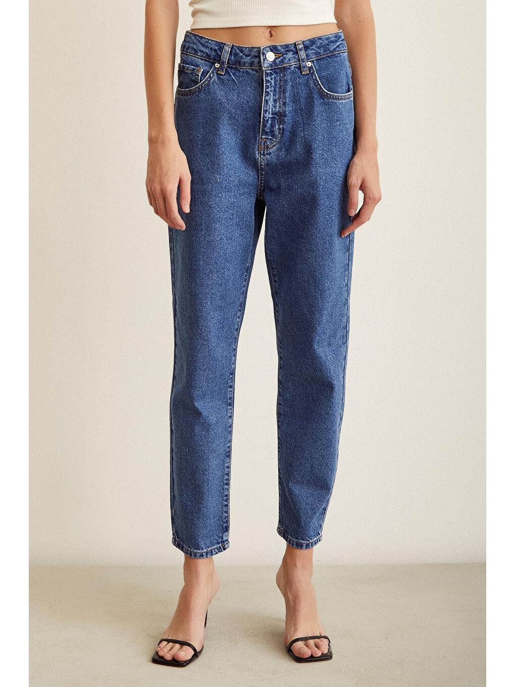 Mavi Yüksek Bel Dar Paça Mom Jean-4