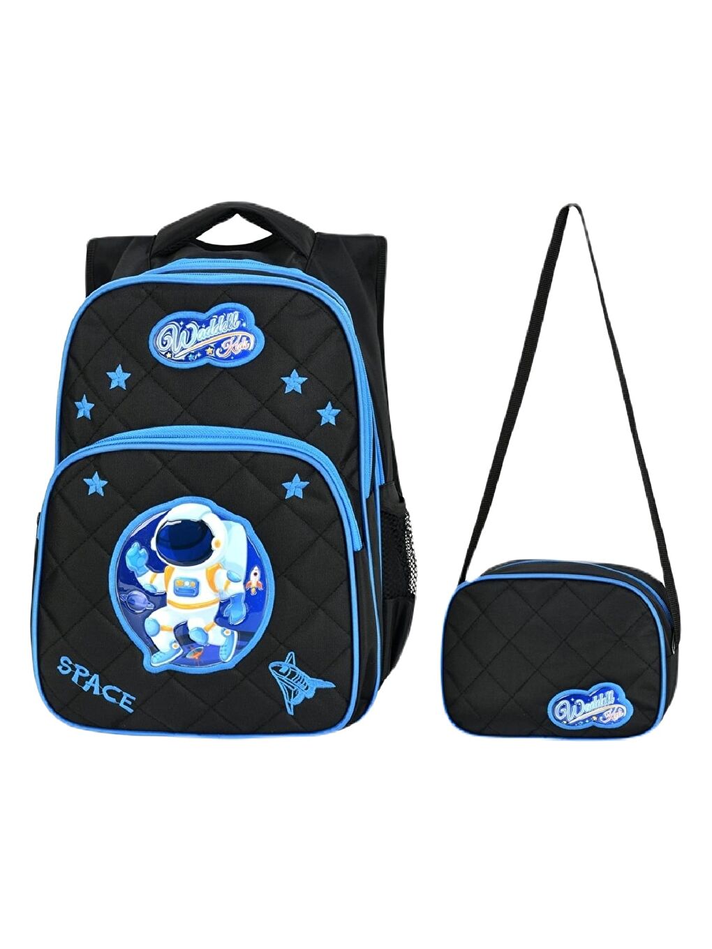 3 Bölmeli İlkokul Çantası ve Beslenme Çantası Astronot Siyah 5046