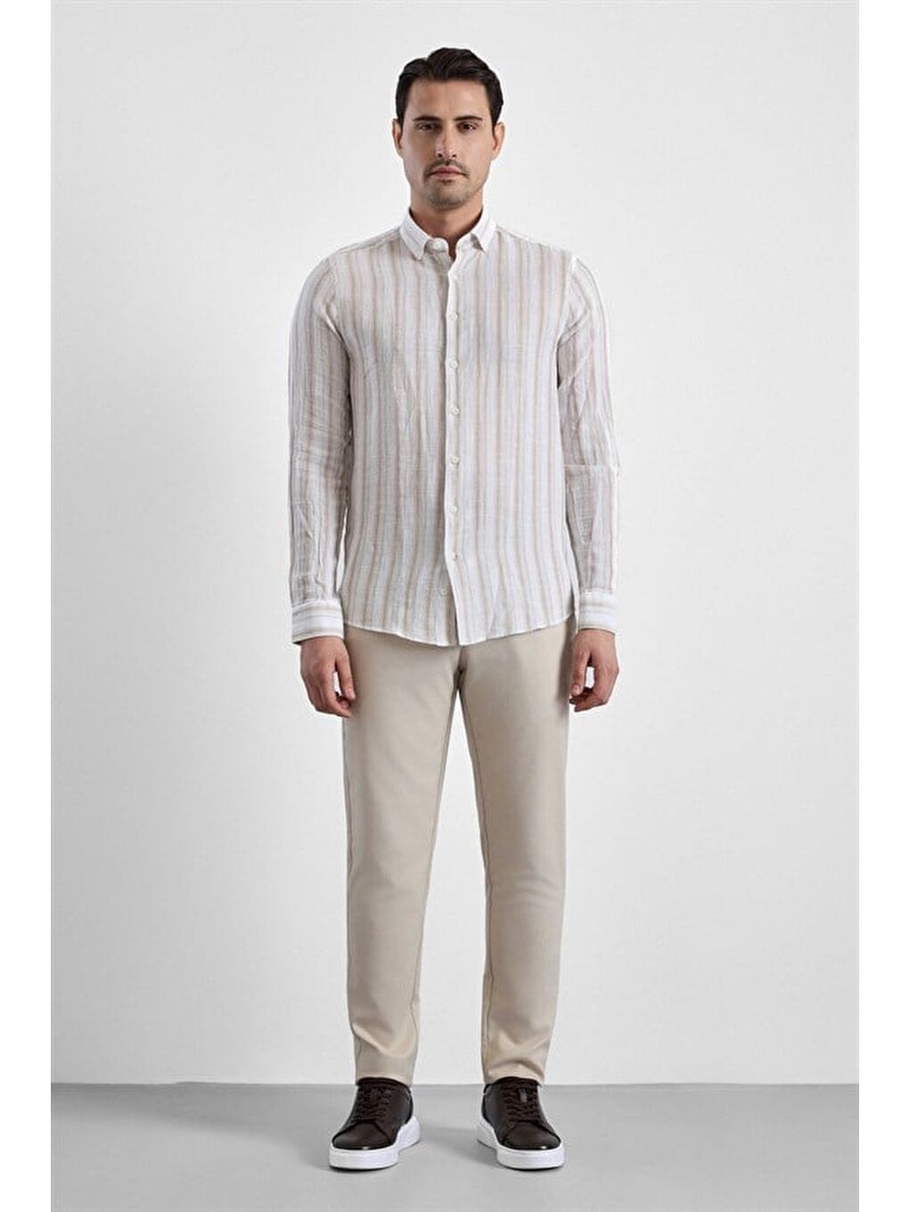 Bej Slim Düğmeli Yaka Casual Gömlek-4