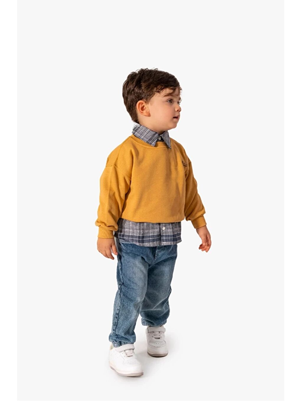 Turuncu Erkek Bebek Gömlek Sweatshirt ve Jean Pantolon 3'lü Takım 9064-7
