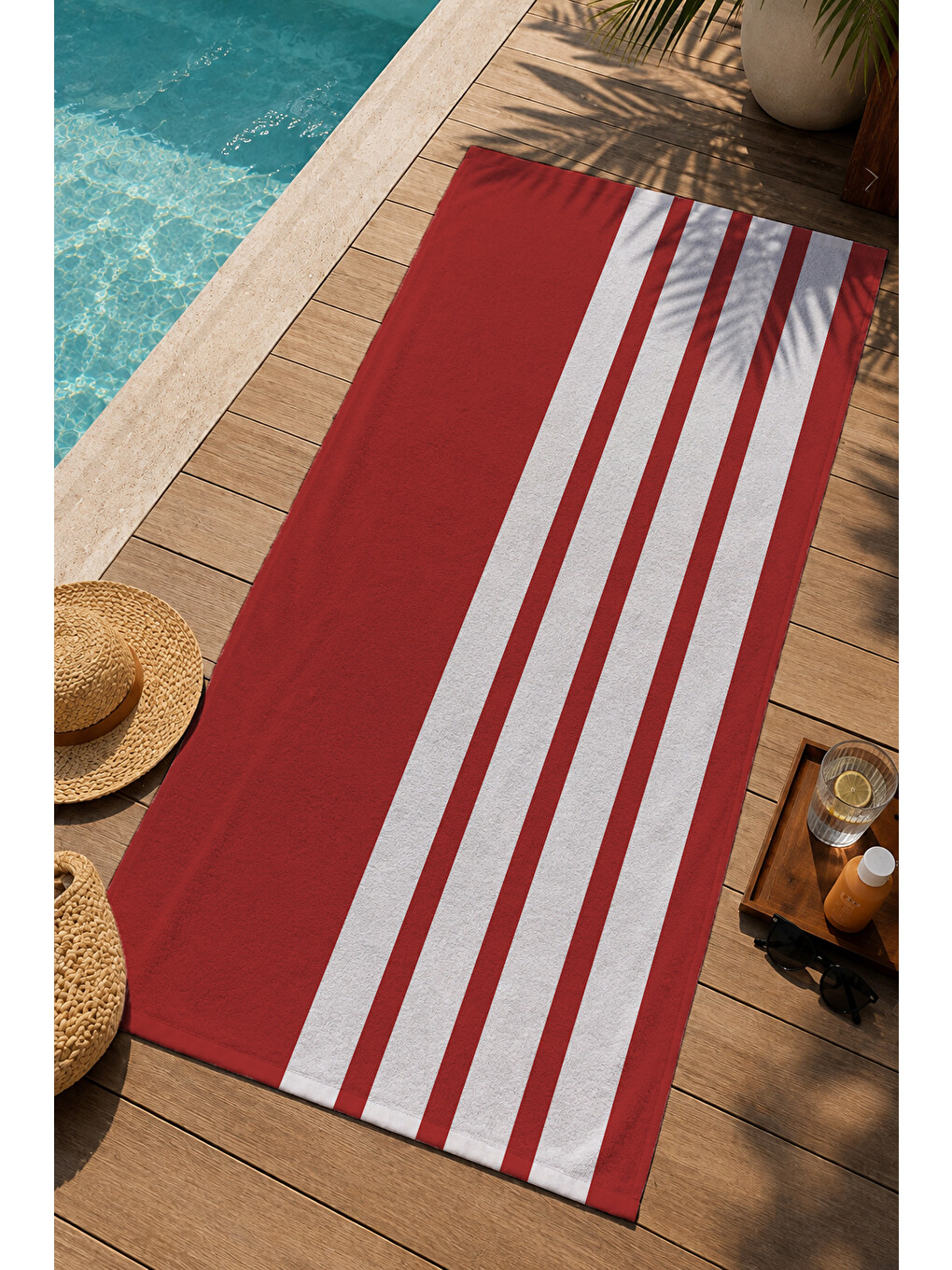 Milbay Grup Kırmızı Krem Kalın Dikey Çizgili 70x150 Cm Dijital Plaj Ve Banyo Havlusu-37328-2
