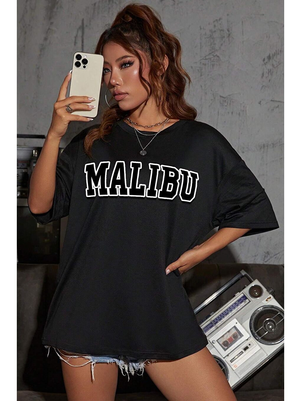 uyguntarz Siyah Unisex Malibu Baskılı Tasarım Tshirt