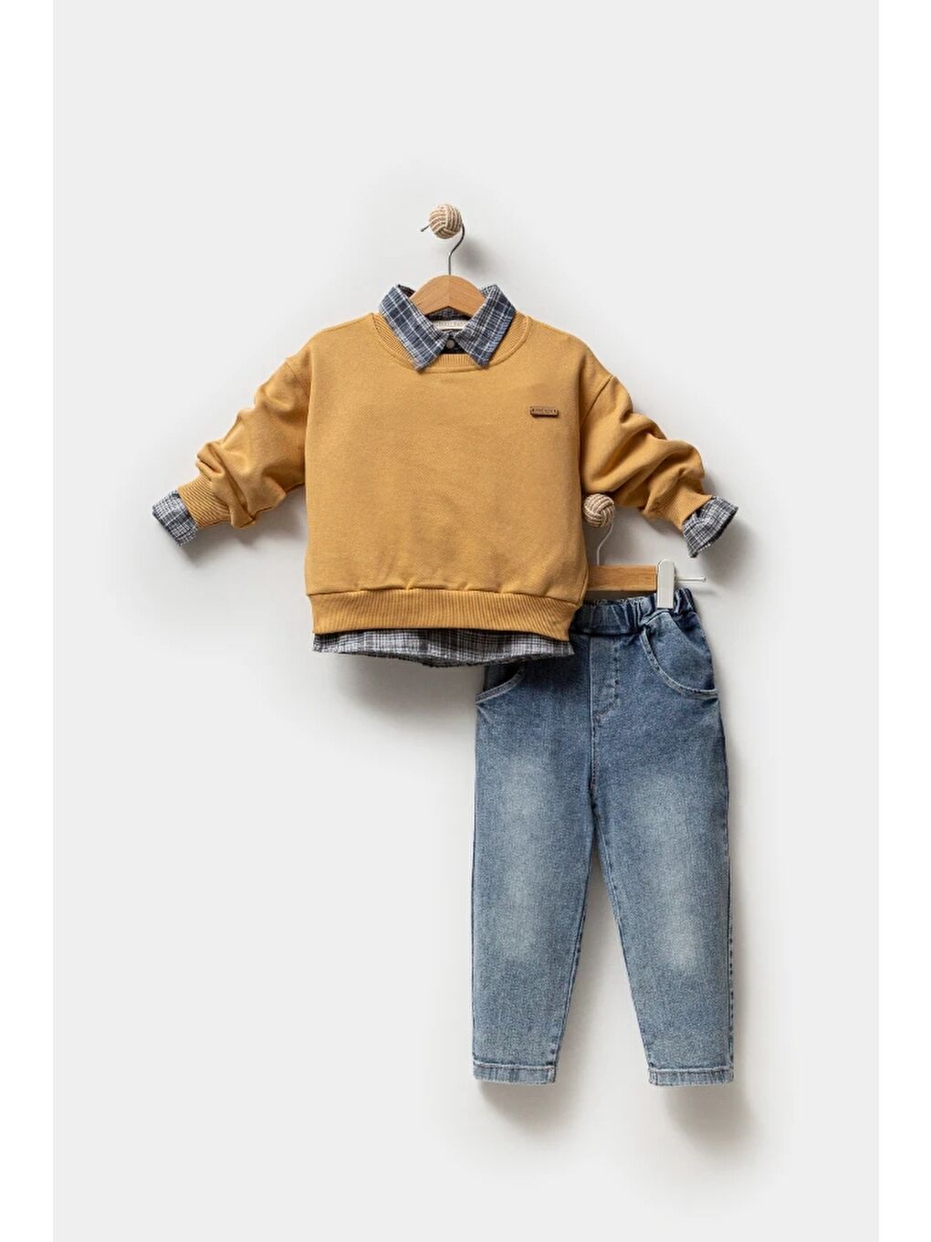 Turuncu Erkek Bebek Gömlek Sweatshirt ve Jean Pantolon 3'lü Takım 9064-8