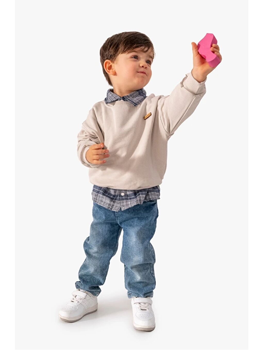 Gri Erkek Bebek Gömlek Sweatshirt ve Jean Pantolon 3'lü Takım 9064-7